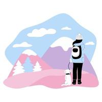 una mujer con su perro caminando por las montañas vector