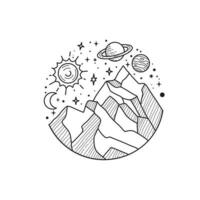 Doodle solar system and mountain Hand drawn sketch vector