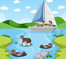 River forest scene with traveller on a sailboat vector