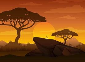 Silhouette savanna forest at sunset time vector