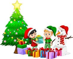 Christmas season with children in Christmas costumes and snowman vector