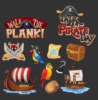 Set of pirate cartoon characters and objects vector