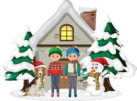Couple children and beagle standing in front of a house vector