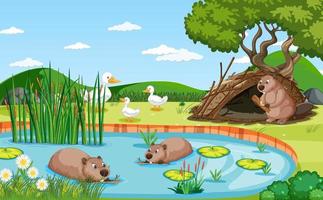 Pond in the forest background with beaver family and ducks vector