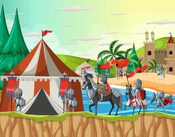 escena del campamento del ejército medieval con caballeros en estilo de dibujos animados vector