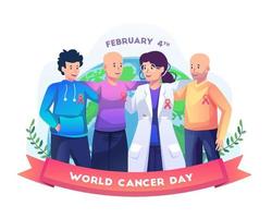 a happy female doctor embraces each other with cancer patients. People celebrate world cancer day on flat style vector illustration