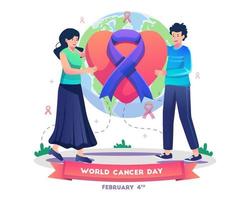 A couple celebrating world cancer day by holding a decorated love symbol with purple cancer awareness ribbon with earth background on flat style vector illustration