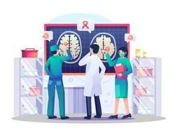 Doctors are analyzing the brain for tumors or problems in the laboratory with the red ribbon cancer awareness, an icon symbol of the fight against cancer. Flat style vector illustration