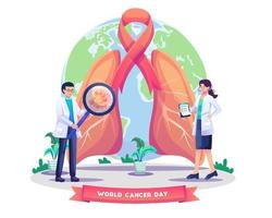 Doctors are doing an internal organ lungs inspection for illness, disease, or problems. Lungs healthcare persons on world cancer day. Flat style vector illustration
