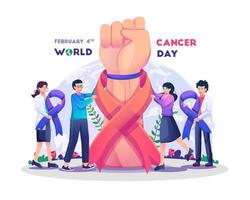 People and doctors are united against cancer with a giant raised hand with a clenched fist and red ribbon on wrist symbol of world cancer awareness on flat style vector illustration