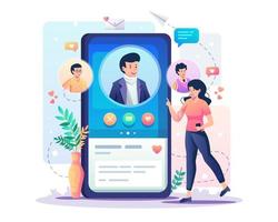 Online dating and social networking, virtual relationships concept with a girl is looking for a partner on an online dating app. Searching for a romantic relationship. Flat style vector illustration