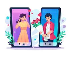 young lover man giving flowers to her girlfriend through a smartphone. Online dating and virtual relationships concept on flat style vector illustration