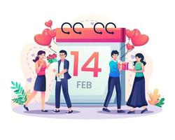 young couples give gifts to girlfriends each other. loving couples celebrating Valentine's Day on 14th February. Flat style vector illustration