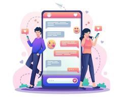 Online dating and social networking with a young man and woman are texting each other chatting via smartphone. Virtual relationships concept. Flat style vector illustration