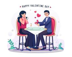 un joven dando un anillo de compromiso en una pequeña caja roja y haciendo una propuesta. una pareja en una cita y cenando juntos el día de san valentín. ilustración vectorial de estilo plano vector