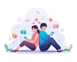 Online dating and social networking with a couple leaning against each other and chatting via their smartphone. Flat style vector illustration