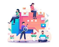 Online dating and social networking, virtual relationships concept with people searching for a romantic relationship via their gadget. online dating app and messenger. Flat style vector illustration