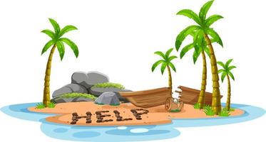 Deserted island with broken boat lying on the beach with help sign vector