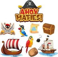 Set of pirate cartoon characters and objects vector