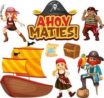 Set of pirate cartoon characters and objects vector