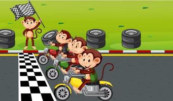 Race track scene with monkeys riding motorcycles vector