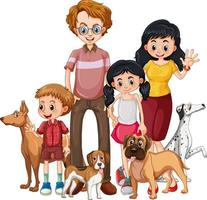 Family members with many dogs in cartoon style vector