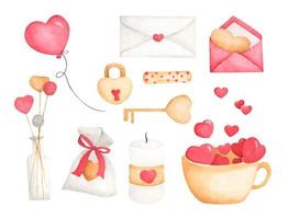 Set of decorative elements. Symbols of Valentine's Day. Watercolor illustration. vector