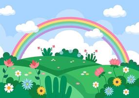 fondo de paisaje de primavera con temporada de flores, arco iris y planta para promociones, revistas, publicidad o sitios web. ilustración de vector de naturaleza