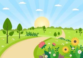 Spring Time Landscape Background with Flowers Season, Rainbow and Plant for Promotions, Magazines, Advertising or Websites. Nature Vector illustration