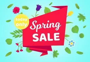 Spring sale vector banner or poster gradient flat style design vector illustration. Huge red ribbon with text SPRING SALE, green leaves and beautiful flowers around isolated on sky background