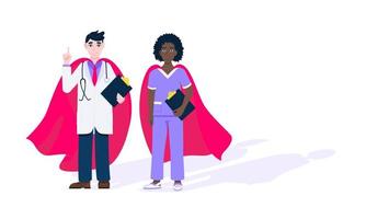 Two doctors with hero cape behind hospital medical employee fight against diseases and viruses on frontline flat style design vector illustration.