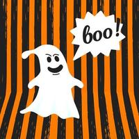 Boo ghost halloween message concept. Flying halloween funny spooky ghost character say BOO with text space in the speech bubble vector illustration isolated on orange striped background.