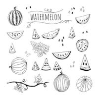 Hand drawn sketch style watermelon set vector illustration isolated on white background. Whole and parts. Farm fresh healthy food fruits. Summer paty symbols concept.