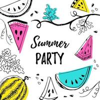 Summer party inspirational motivation postcard lettering text with hand drawn watermelons and colored shapes vector illustration. Summer party flyer or banner concept template. Whole, parts and seeds