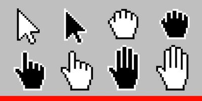 icono de cursores de mano de ratón de píxeles y flechas en blanco y negro vector