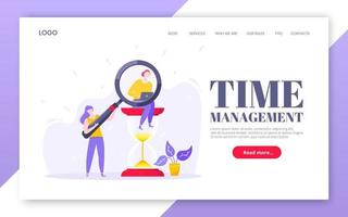 Time management business concept with tiny people, giant hourglass vector