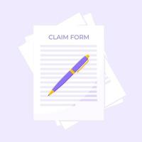 Claim form paper sheets, pen isolated on gray background flat style design vector illustration.