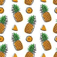 Seamless hand drawn pineapple ananas fruit pattern, berry with color shapes vector illustration isolated on white background. Whole, parts, leaves sketch style collection. Fresh and tasty