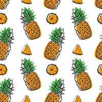 Seamless hand drawn pineapple ananas fruit pattern, berry with color shapes vector illustration isolated on white background. Whole, parts, leaves sketch style collection. Fresh and tasty