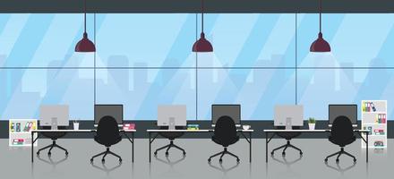 Office room interior with cityscape outside window.Design of modern office designer workplace.Vector illustration. vector