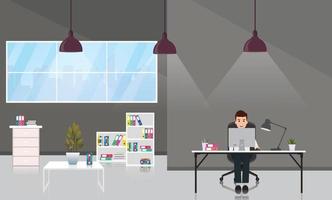 hombre de negocios que trabaja en la sala de la oficina con el paisaje urbano fuera de la ventana. diseño del lugar de trabajo del diseñador de la oficina moderna. ilustración vectorial. vector