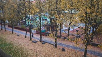 Top view of village in autumn. Beautiful autumn colorful nature view and green house. Red and yellow leaves falling and people walking on the street. Beautiful nature in Stockholm, Sweden