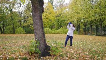 mulher asiática tirando uma foto de vista no parque. roupas de outono, tempo bom, folhas amarelas caindo na grama. muito fundo de árvore, estocolmo, suécia no conceito de outono video