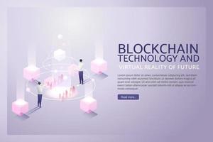 Two users Standing play Metaverse and Blockchain Technology. vector