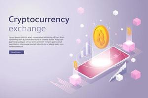 Trade Bitcoin via smart phone. vector