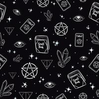 Occult seamless pattern with witchy and pagan elements. Repeat background with spellbooks, tarot cards, amethyst crystals, stars and pentagrams. vector