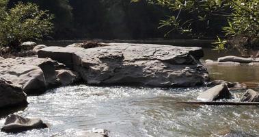 Slow flowing waterfall nature is full of rocks in hot sunny day. Surrounded by lush green forests. video