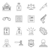 Crime and punishment icons set, outline style vector