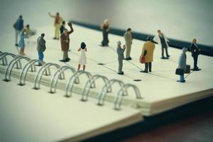 close up of miniature people with social network diagram on open notebook on wooden desk as social media concept photo