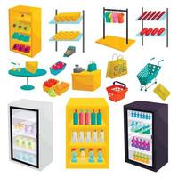 Supermarket icons set, cartoon style vector